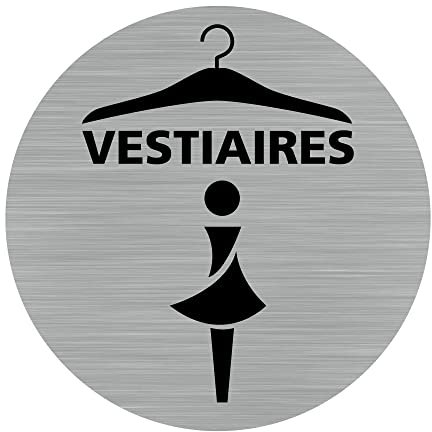 Pictogramme Vestiaires Femmes (Q0459). Autocollant souple effet alu brossé ou plaque de porte alu brossé ep 2mm au choix - Diamètre 76 mm - Adhésif aspect aluminium brossé - Adhésif aspect aluminium b