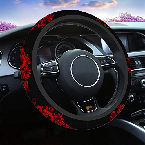 Swono Dragon Red Universal-Lenkradbezug aus Neopren, Abstrakter chinesischer Drache, rot, schwarz, 38,1 cm (15 Zoll), bedrucktes Lenkrad, elastischer Schutz für Damen und Mädchen