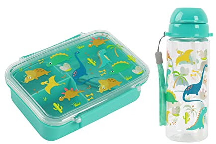 I-Drink – Bundle Lunch box + Borraccia Tritan 400ml, per Bambini, Porta Merenda, Picnic, Scuola, Senza BPA, con Disegni di Infanzia (Dino)