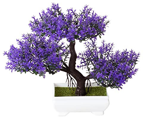 Verve Jelly Artificial Cedar & Pine Tree in Pot - Faux Potted Plant, Fake Flowers - Bonsai Plants for Home, Office, Desktop - Purple, 7.1x9.8in