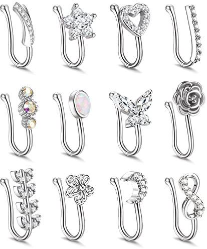 Kakonia 12stk Fake Nasenpiercing für Damen Fake Nose Ring Septum Zirkonia Opal Schmetterling Mond Herz Blume Clip auf Nasenring Verstellbar Fake Nasenring Silber