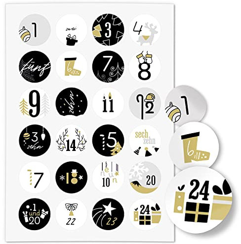 Adventskalender-Zahlen Aufkleber 1 bis 24 / Moderner Mix Schwarz Gelb/Etiketten/Sticker/Weihnachtskalender/Advent/Rund/DIY/zum Aufkleben