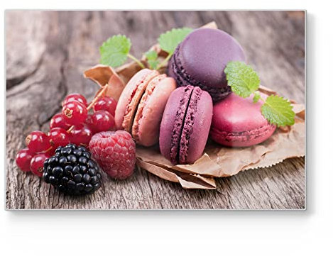 DEQORI Schneidebrett aus Glas | groß 30x20 cm | Motiv Macarons und Beeren | Design Schneideplatte für Küche | Frühstücksbrett antibakteriell & rutschfest | Glasplatte & Servierplatte