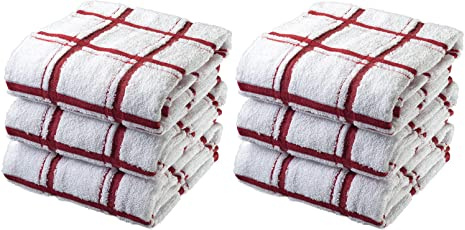 6X Large Jumbo Big Check 100% Cotton Terry Tea Towels Super Soft Kitchen Cleaning Soft Dish Cloth for Catering, Restaurant & Bar (Red)