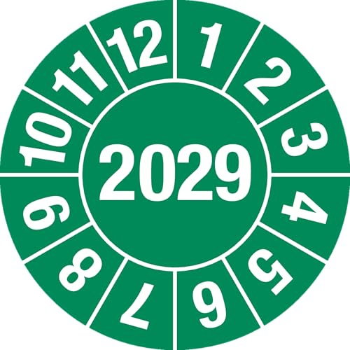 Prüfplakette 2029 grün Ø 30 mm – Jahresplakette 4-stellig | Dokumentenfolie | schwer ablösbar & witterungsbeständig | 15 Stück je Bogen | Marahrens – Qualität Made in Germany