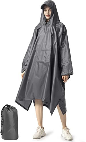 NUUR Regenponcho Herren Damen Unisex Regencape Regenmantel Regenjacke Wasserdicht Hiking Cycling Outdoor 3in1 Mehrzweck Wiederverwendbar Rain Poncho mit Kapuze Gray