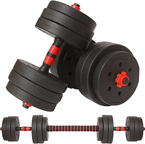 BAKAJI Set 2 in 1 Manubri Regolabili con Barra Bilanciere e 12 Dischi Totale Peso 25kg (4x2.5kg + 4x2kg + 4x1.5kg), Rivestimento Nero e Rosso in Gomma Piuma Antiruggine Antiscivolo, Fitness