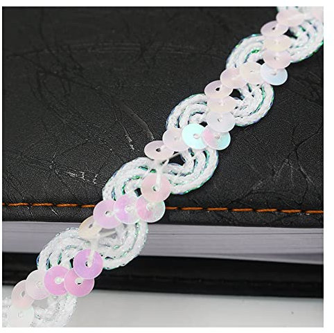 Yurosiay 5m×1.5cm Paillettenband Glänzende Geflochten Paillettenborte Wellig Dekoband Pailletten Zierband Bunt Paillettenband zum Aufnähen Paillettenbesatz für DIY Nähen Handwerk Weiße