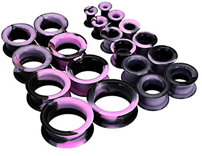 Longbeauty 20er Set/10 Paare Weich/Hart Silikon Tunnel Set Dehnungsset Ohr Piercing Schmuck Double Flared Flexible Stretching Expander, Schwarz/Rosa(Hart)