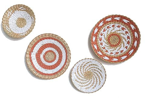 RXMORI Boho-Wandkorb-Dekor-Set, handgefertigt, gewebte Rattan-Wandplatten, runde flache Weidenkörbe für Wohnzimmer, Schlafzimmer (25 cm - 34 cm), 4 Stück