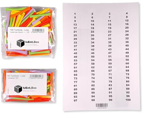 IvEnt.Box Tombola Lose - Regenbogenlose SET | 1-50 Gewinne | 100 Nieten | inkl. Aufklebenummern | bunt gemischt