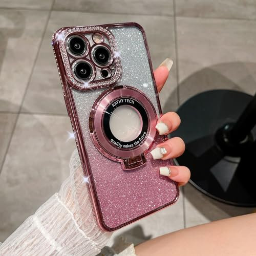 FIFTHAVE Handyhülle iPhone 14 Glitzer Hülle Kompatibel mit MagSafe Galvanisierte Schutzhülle mit Ständer Kameraschutz Silikon Bumper Case TPU Stoßfest Cover für iPhone 14 6.1'' Rosa