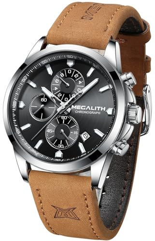 MEGALITH Herrenuhr Chronographen Analog Quartz Armbanduhr Herren Braun Leder Wasserdicht Klassisch Uhr Herren Datum Leuchtend Elegant Geschenke Uhren für Männer