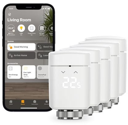 Eve Thermo, 5er Set - Smartes Heizkörperthermostat, Made in Germany, spart Heizkosten, smarte Heizungssteuerung, einfach installiert, Stiftung Warentest geprüft, Thread, Apple HomeKit