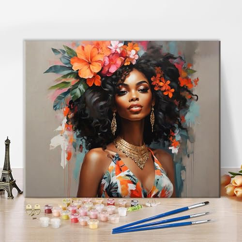 TISHIRON Peinture par Numéros pour Adultes - Femmes Noires et Fleurs, Africains, Fille Noire - Kit d'Artisanat 40 x 50 cm (Sans Cadre)