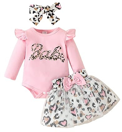 Alunsito Neonata Gonna Leopardata Completi Manica Lunga Volant Pagliaccetto Top Tutù in Tulle Abito con Arco Fascia da 3 Pezzi
