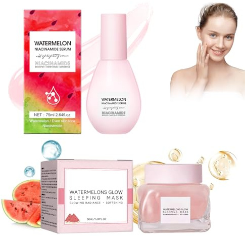 Dyceittdia Wassermelonen Hautpflege, 75ml Niacinamid-Serum und 50ml Wassermelonen-Essenz-Gesichtscreme, Wassermelonen-Essenz-Set, Feuchtigkeitsspendende Haut, Whitening & Aufhellung, cream1