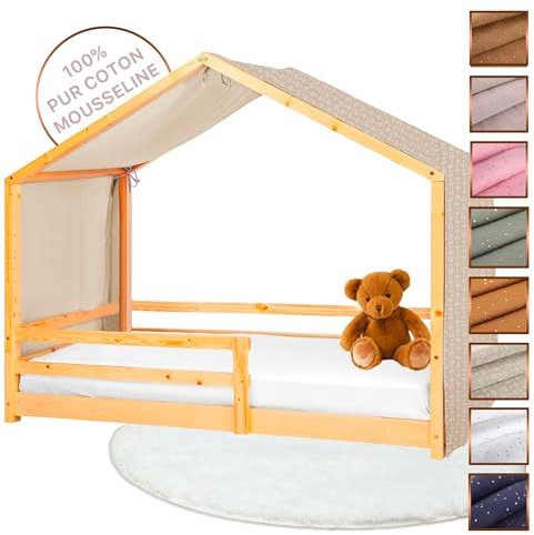 Lovely Hippo Hausbett Himmel - 100% Baumwolle Betthimmel Hausbett aus Musselin - Bett Vorhang Kinderbett - Himmelbett Vorhänge für 80x160 & 90x200 (Beige, 97 x 402cm, Ohne Tasche)
