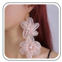 Xduargs Boucles D'oreilles Boho Fleurs Longues Boucles D'oreilles Mousseline De Soie Fleurie Boucles D'oreilles Grandes Fleurs Perles Boucles D'oreilles Tissu Fleurs Longues Boucles(rose)