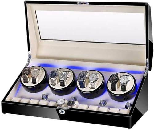 GFXYQPDNV Watch Winder for 8 Watches + 12 Storage LED Light Wood Shell Piano Varnish Exterior, Leather Interior, Extremely Quiet Engine Watch Winder Display Watch Box Storage