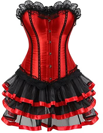 Vhersily Moulin Rouge Gothic-Kostüm mit Schnürung und Korsett, Vintage-Tutu-Rock, rot, L