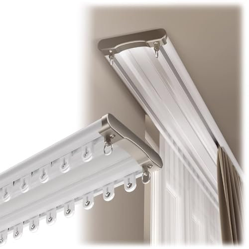 Leise Gardinenschiene 2-läufig Vorhangschiene Aluminium Vorhang Schienensystem Montage An Der Decke Gardinenschiene Einteilige Seilrolle Zweireihige Unsichtbare Schiene Für Raumteiler(Weiß,430cm)