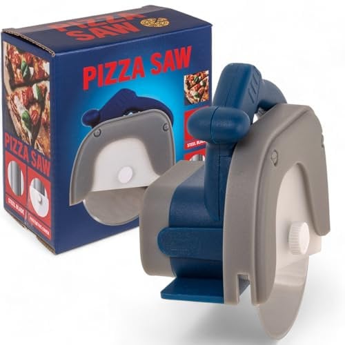 MIJOMA Pizza Cutter Hand Circular Saw - Innovative Pizza Cutter with Stainless Steel Blade and Protective Cover - 11 x 12 x 6 cm, Ergonomic Design, Perfect for Pizza, Tarte Flambée, etc.