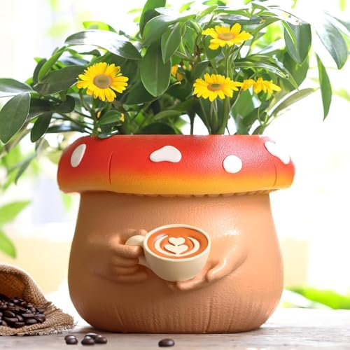 AmiCera Cute Coffee Cups Flower Pot, Small Indoor Mushroom Decor Planters, Colourful Plant Pot for Indoor Plants, Unique Garden Planter with Drainage, Decorative Funny Garden Gifts, Terracotta
