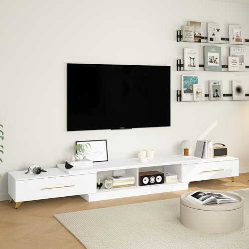 Caldion Modernes TV-Lowboard, TV-Schrank mit 2 Schubladen, Verstellbarer Fernsehtisch, Lowboard mit 4 Beinen, Breite: 160-260 cm, Fernsehschrank mit offenen Ablagen, Weiß, MDF