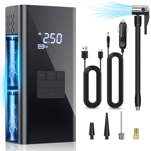 Vexloria Tyre Inflator Cordless Air Compressor, Portable Electric Bike Pump 150 PSI, Tyre Pump with Pressure Gauge & LED Light for Car, Bicycle, Motorbike, Ball