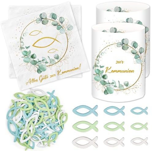 20 Stück Servietten Kommunion + 12 Windlicht Tischdeko+ 60 Holzfische Streudeko, Erstkommunion Deko Junge Mädchen Eukalyptus Grün, Kommunion Party Geschenke Gastgeschenke, Tischdekoration Fische Deko