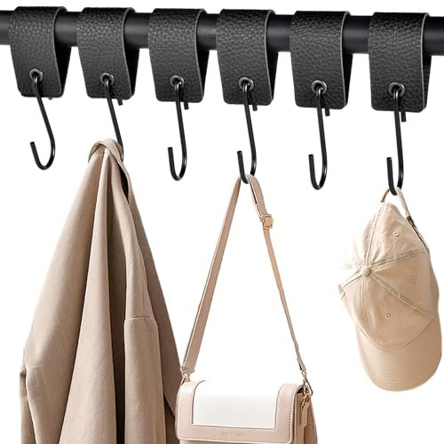 XHTXHT 6 Stück S Haken mit Lederschlaufe Schwarz, Braun Haken für Kleiderstange Haken Garderobe Kleiderhaken Metallhaken für Garderobe Küche Badezimmer Camping (Schwarz)