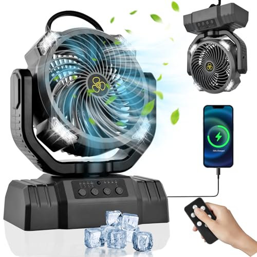 Ventilador Portátil Camping Recargable,10000mAh Ventiladores de Mesa Silencioso con LED/Giratorio 270°/Gancho/Control Remoto,4 Velocidades Ventilador USB para Viajes, Cámping, Pesca, Oficina, Hogar