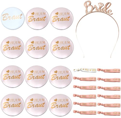 PXBSNB Team Bride Buttons Anstecker, 25 Stück JGA Accessoires Frauen Set, Team Bride Armbänder Haarreif, Bride to Be Deko für Jungesellinenabschied Accessoires Engagement Feiern Hochzeit Spiele Party