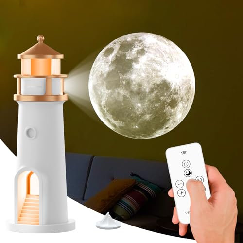 ALEENFOON Leuchtturm Nachtlicht Mond Projektor Mit Fernbedienung Nachtlicht Dimmbar Wiederaufladbare LED Tischlampe für Schlafzimmerdekor, Weihnachts-, Geburtstags- und Valentinstagsgeschenk