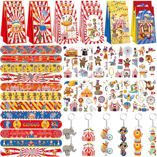 LSJDEER Zirkus-Partygeschenktüten, 12 Slap Armbänder, 12 Karnevalspartytüten, 12 Tattoo-Aufkleber, 12 Karnevals-Schlüsselanhänger für Zirkus-Motto-Geburtstagsparty-Zubehör