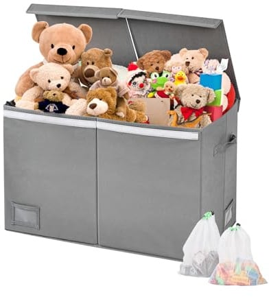 KR KITCHENRAKU Toy Storage Box for Boys Girls, Large Storage Chest with Lid and Label Holders, Foldable Cloth Storage Bin for Wardrobe, Kids Bedroom & Playroom Soft Toy Storage (Grey)