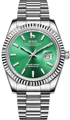 BUREI Luxus Herrenuhr Analog Quarzuhr Datumsanzeige mit Saphirglas Leuchtend und Edelstahlarmband(Green)