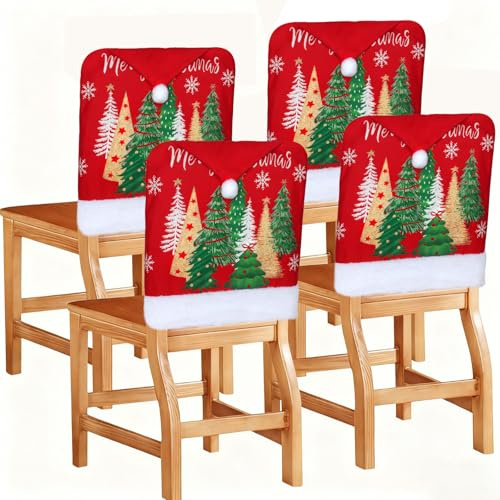 Betylifoy 4PCS Weihnachtlichen Stuhllehnenbezüge Nikolausmütze Stuhlhussen | Xmas Stuhl deckt mit Weihnachtsbaum Esszimmer Weihnachten Esszimmerstuhl Abdeckung für Weihnachten Party Festival