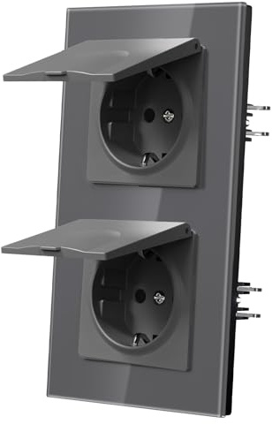 MVAVA Schuko Steckdose EU-Standard, 2 Fach Feuchtraum Steckdose Unterputz mit Glasrahmen, 157mm x 86mm Unterputz Steckdosen, Einfache Installation, Grau