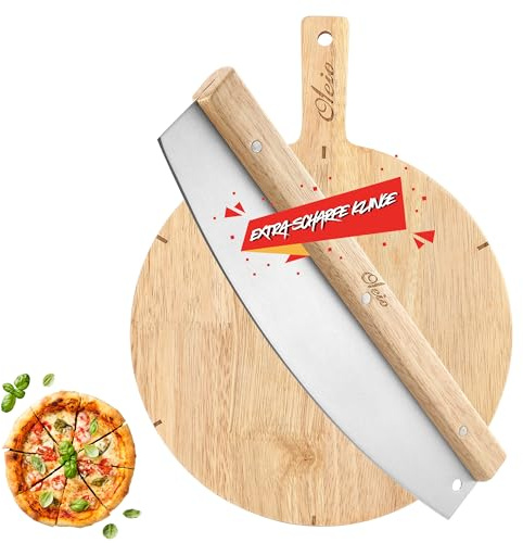 OLEIO Pizza Set mit 30 cm Pizzabrett & Pizzaschneider 35 cm aus Edelstahl | Kautschukholzbrett mit 6 Portionsmarkierungen; beidhändig zum Schneiden und Servieren von Pizza, Flammkuchen und Quiche