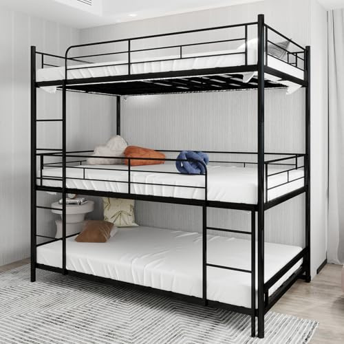 Arhatreya Letto a castello a tre piani, 90 x 190 cm, con scaletta, in metallo nero, per bambini/adolescenti/adulti, camera da letto/dormitorio (senza materasso)