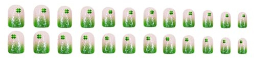 Lot de 24 faux ongles courts à presser Motif trèfle vert Pour femme