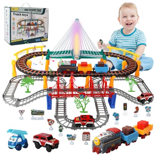 JOTOL Circuit Voiture,Circuit Train Electrique,141 Pièces Ensemble Train Enfant,Petit Electrique avec Voitur et Voies Ferrées,Sons et Lumières,Jouet de Cadeau Éducatif Garçons