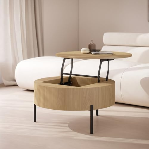 designimpex ZAF-1 Couchtisch rund Eiche Hell aufklappbar höhenverstellbar Stauraum modern runder Wohnzimmertisch Esstisch Beistelltisch Sofatisch Round platzsparend hochwertig Wohnzimmer