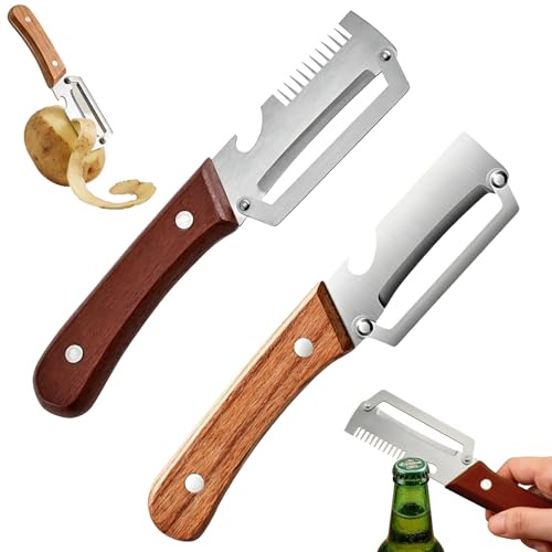 2Stück Multifunktionaler gemüseschäler,gemüseschäler,sparschäler mit holzgriff,mit ultrascharfer Edelstahlklinge,3-in-1 Küchenschäler mit Julienne-Reibe und Flaschenöffner,Ergonomisches Küchenwerkzeug