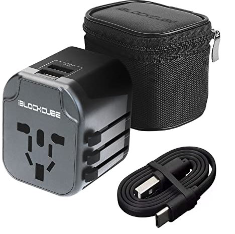 iBlockCube Worldwide Travel Plug Adapter with 2 USB 2.4A Charging Ports | International Universal AC Socket, Dual Safety Fuse, Chip Protector for US UK EU AU Mobile Phone Tablet Laptop Gadget (Grey)