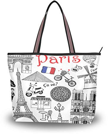 BKEOY große Damen-Handtasche, Schultertasche, Laptoptasche, Paris-Motiv, Einkaufstasche, Organizer, Gepäck, Mehrfarbig - multi - Größe: Medium