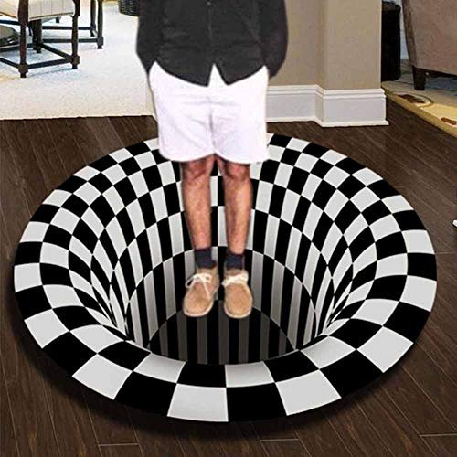 FANSU Runder Teppich, Schwarzer Weißer Vortex Druck 3D Optische Täuschung Moderner Anti-Rutsch Bodenmatte Home Schlafzimmer Büro Wohnzimmer Haustür Art Deco Teppich (Geometrie,120cm)