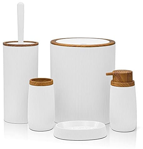 Inbagno Set Bagno Accessori Completo - 5 Pezzi, in plastica Liscia con Dettagli Effetto Legno Serie Blob, Include Dispenser Sapone, portasaponetta, portaspazzolino, portascopino e pattumiera